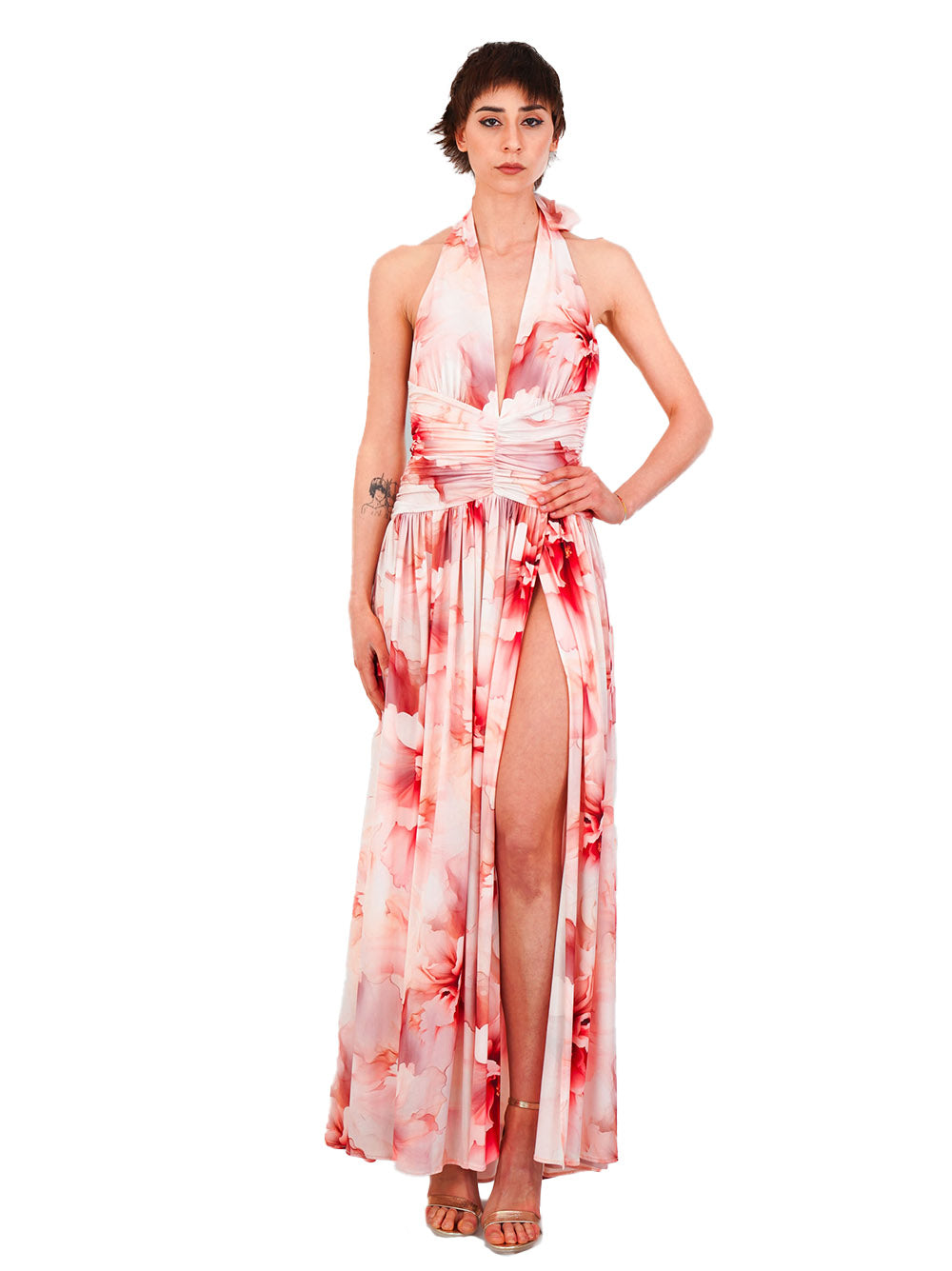 Abito rosa con fantasia floreale S00853 ROSSO BABYLON COLLECTION
