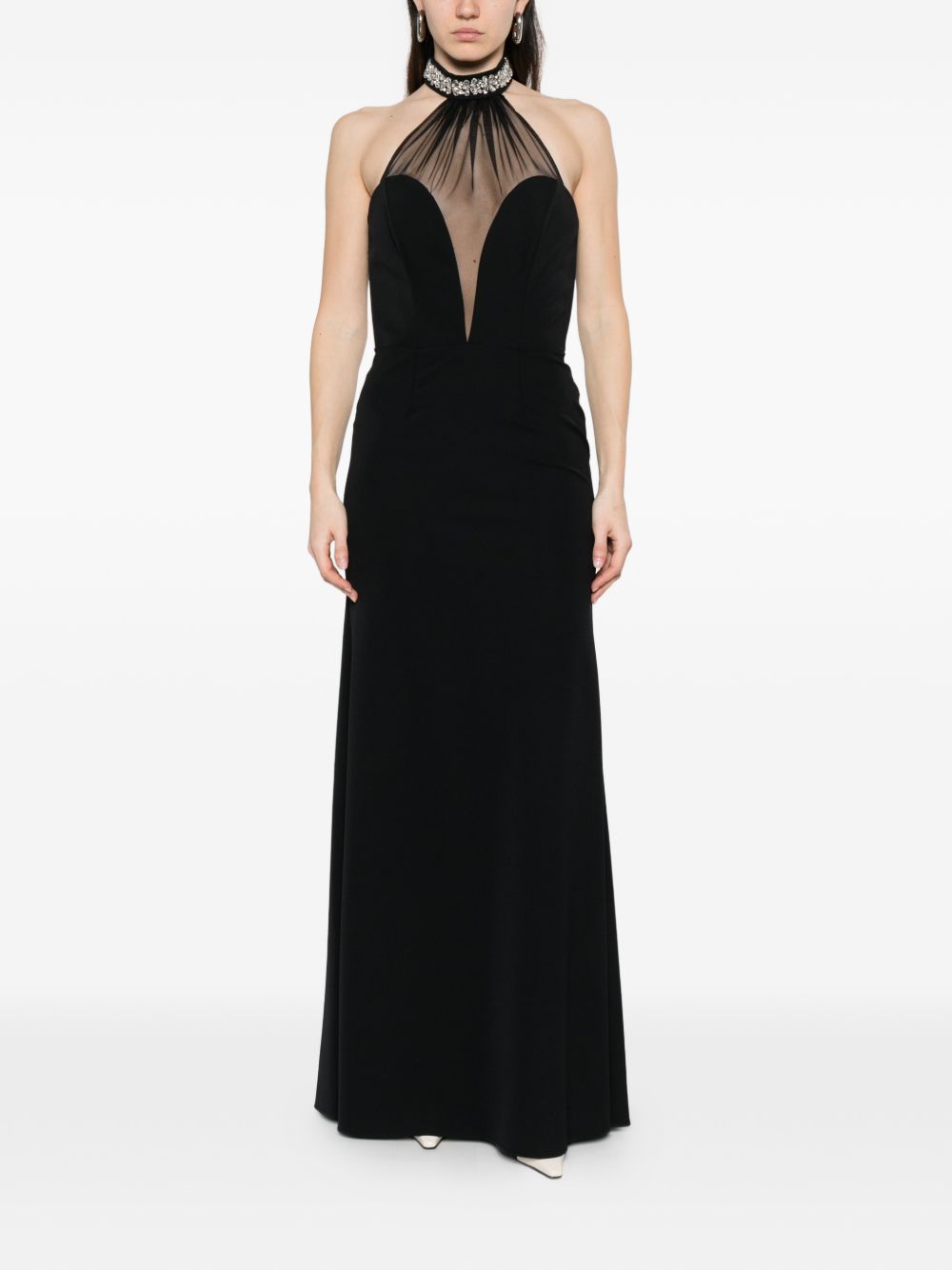 Abito lungo con scollo all'americana e dettagli in tulle AT119 NERO ALESSANDRO LEGORA