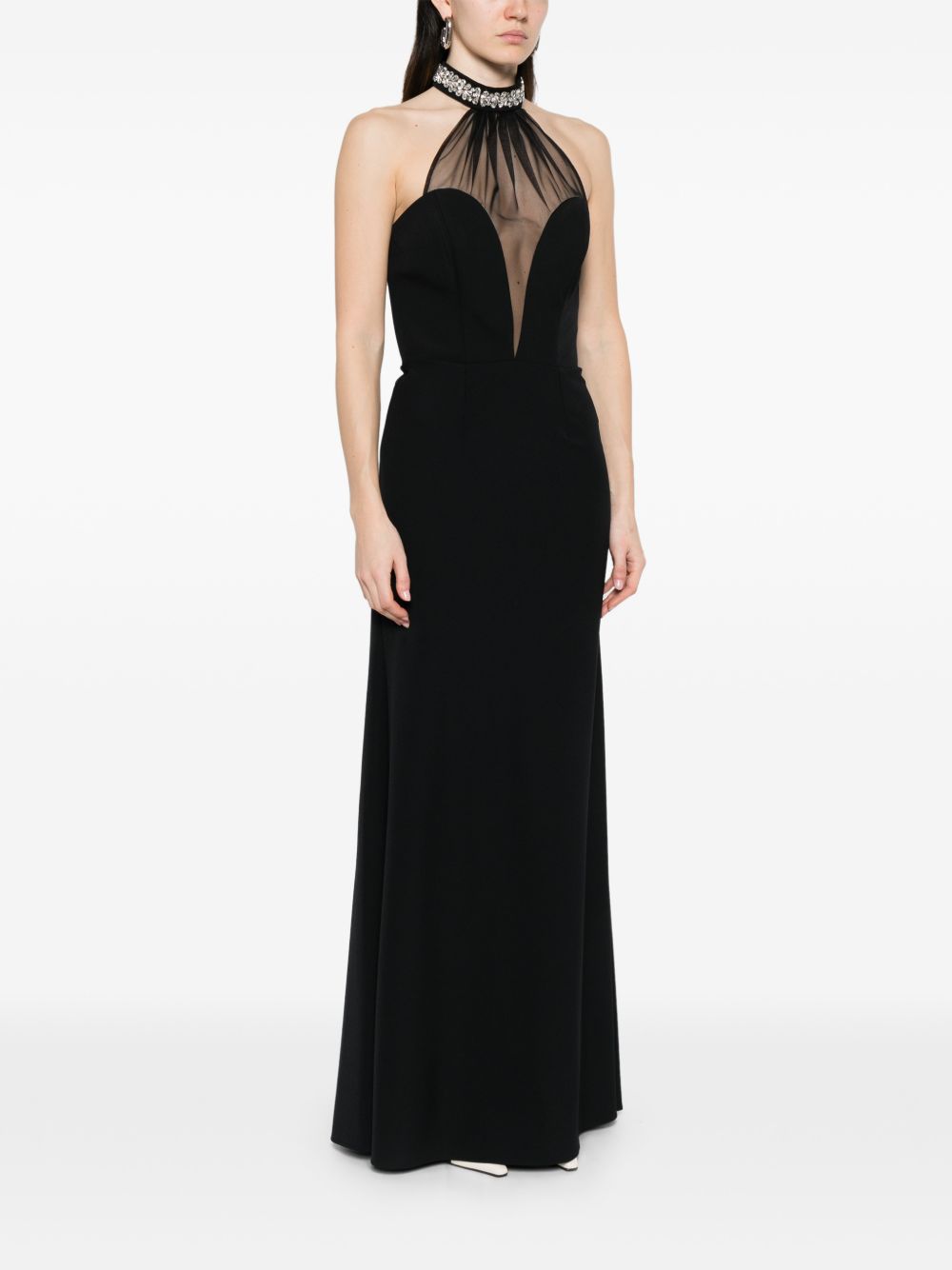 Abito lungo con scollo all'americana e dettagli in tulle AT119 NERO ALESSANDRO LEGORA