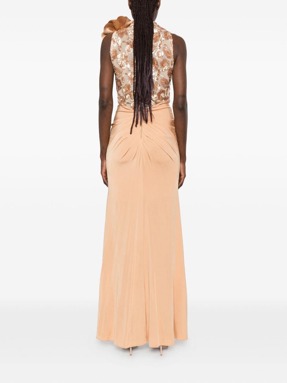 Abito lungo con paillettes e applicazione floreale WS00904 BEIGE BABYLON COLLECTION