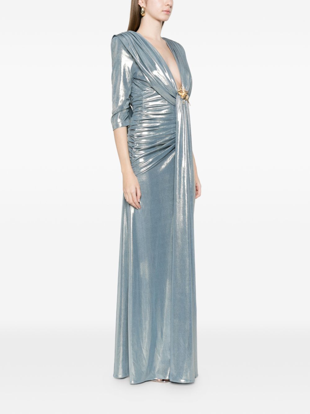 Abito lungo con applicazioni metalliche scollo a V WS00911 ARGENTO BABYLON COLLECTION