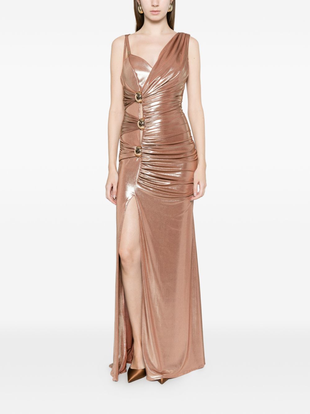 Abito a sirena con drappeggio e bottoni WS00927 ORO BABYLON COLLECTION