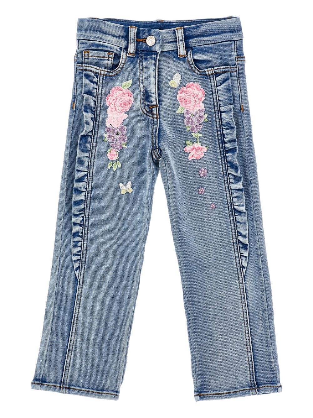 Jeans con ricami floreali e rouches 19G4047015 055B MONNALISA KIDS