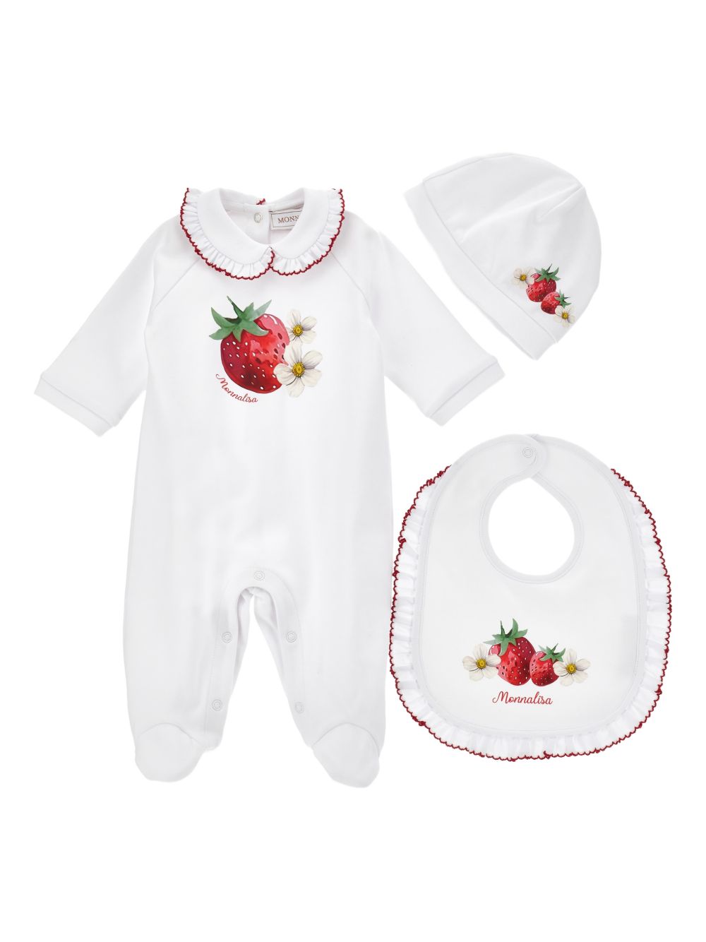 Set tutina, berretto e bavaglino in cotone con stampa fragole 35G5147084 0099 MONNALISA KIDS