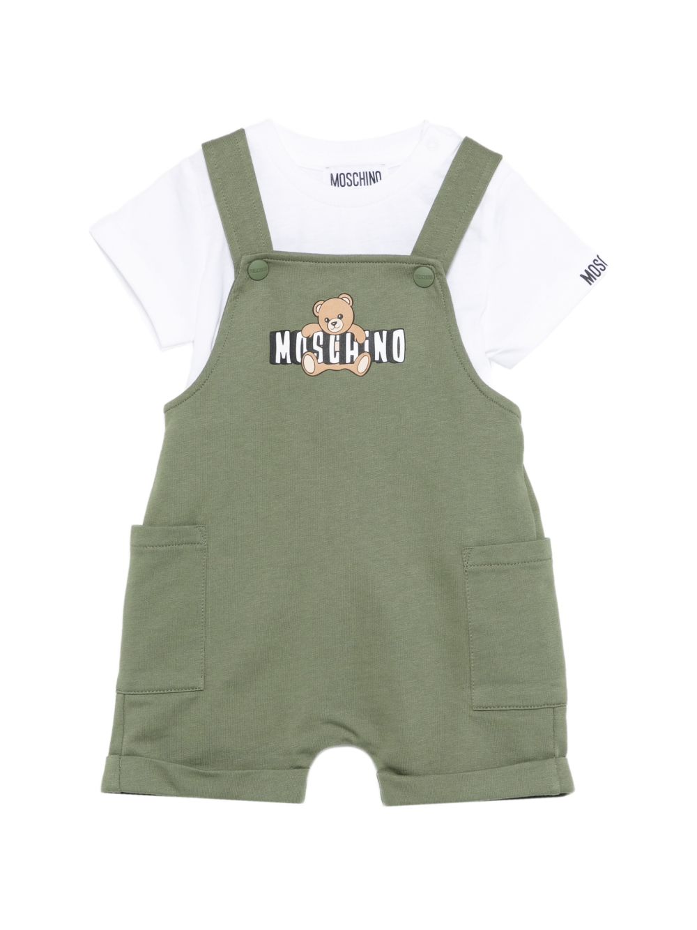 Completo salopette e t-shirt in cotone MUG01TLCA19 83698 MOSCHINO KIDS
