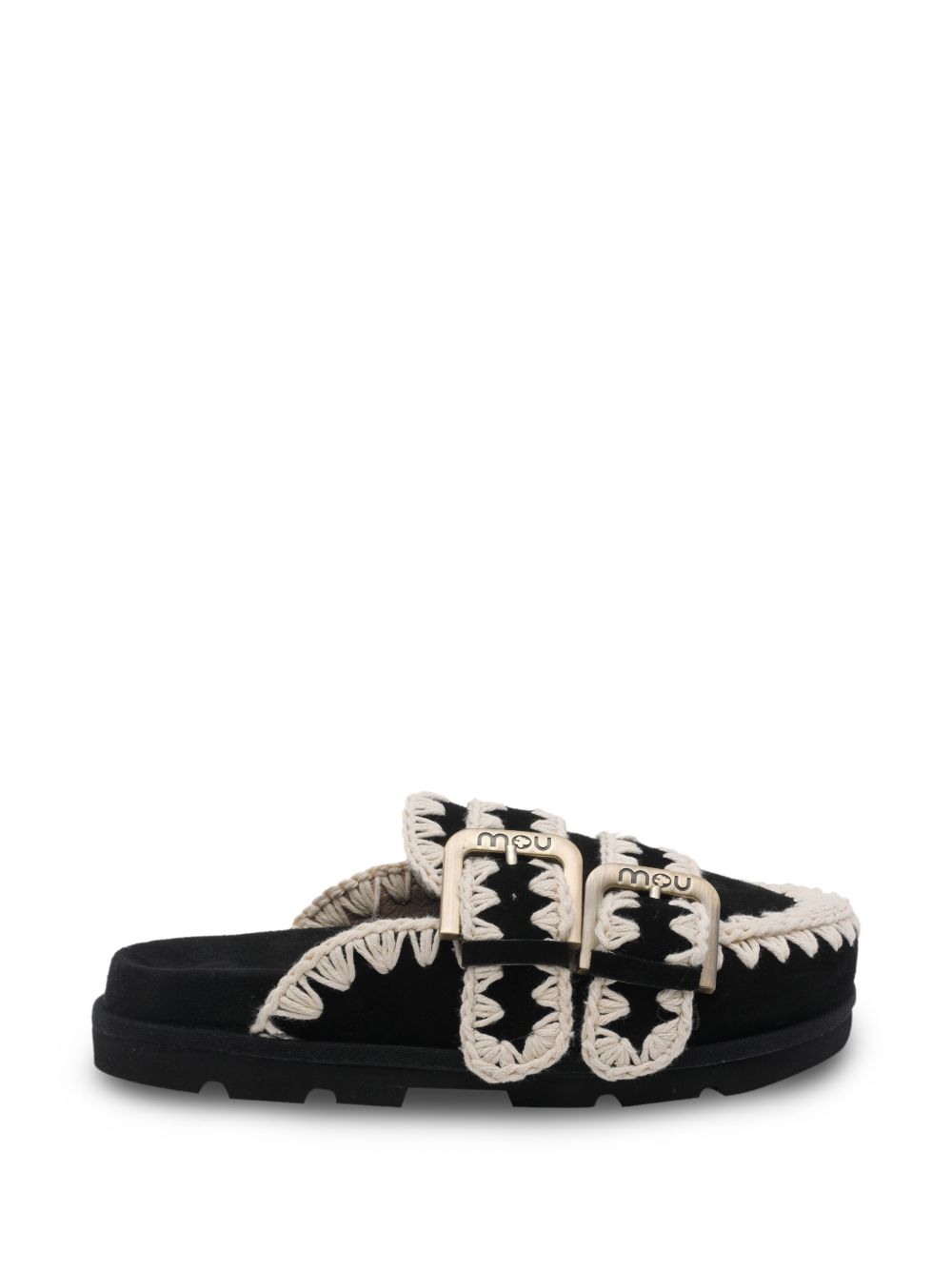 Mules con ricamo a contrasto e doppie fibbie MUSW631003A BKWH MOU