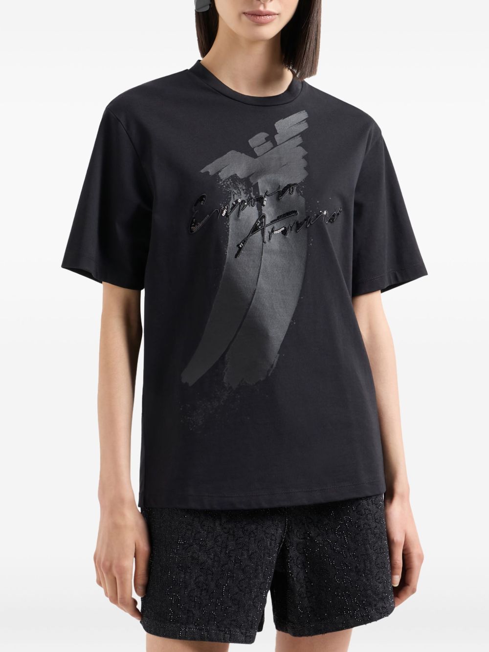 T-shirt nera logo paillettes 6D2T7G2J4EZ 0999 EMPORIO ARMANI