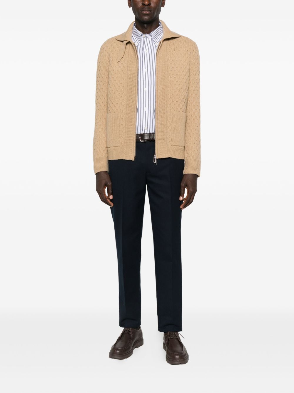Cardigan nocciola con zip e fantasia Honeycomb AO01F004 1178 PAOLO PECORA
