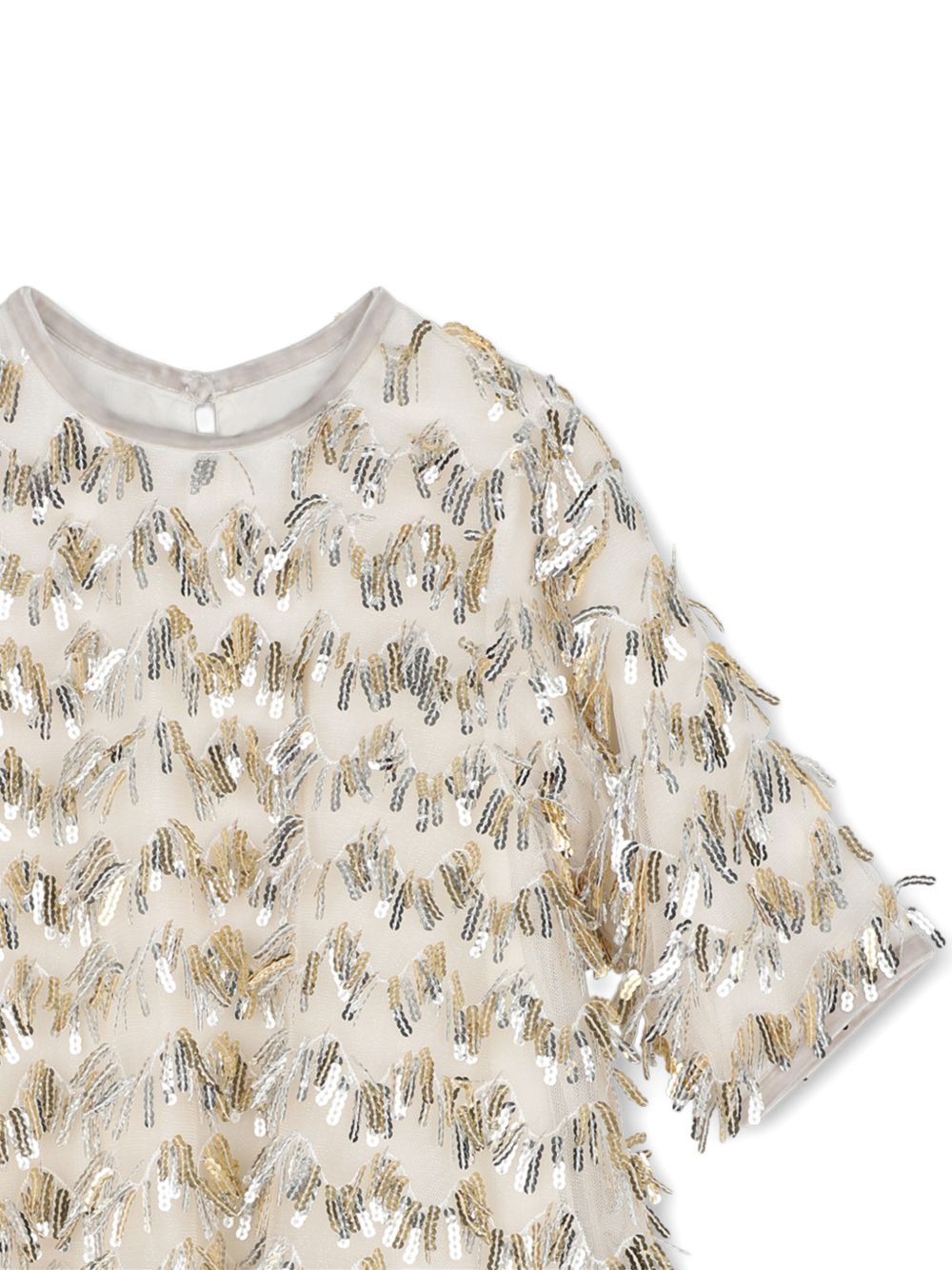 Ceremony vestito in mesh con paillettes fringes, fodera, maniche corte, mesh ruffle al fondo, chiusura con bottoni al retro. U22354 T07 BILLIE BLUSH KIDS