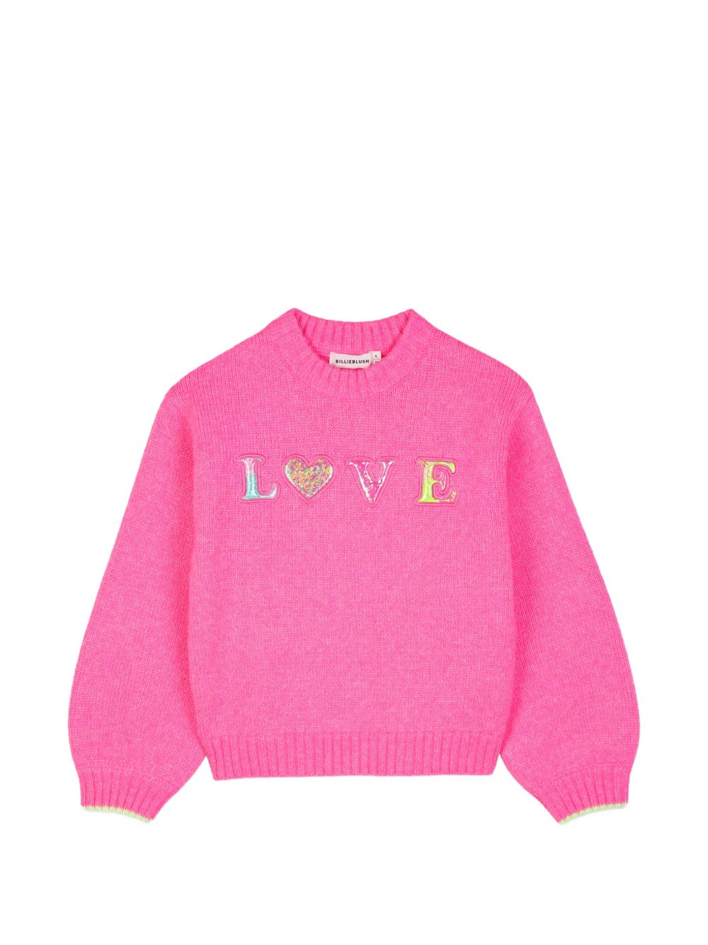 Maglione in maglia, filato morbido lucido, applicazioni in plastica con multicolore paillettes flottanti sul davanti. U22467 47A BILLIE BLUSH KIDS