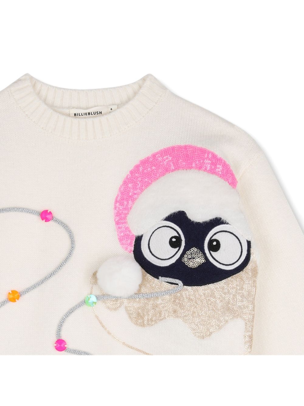 Christmas knit maglione, jacquard illustrazione sul davanti, paillettes, cabochons e pompom, lucido ribbed edges. U22471 121 BILLIE BLUSH KIDS