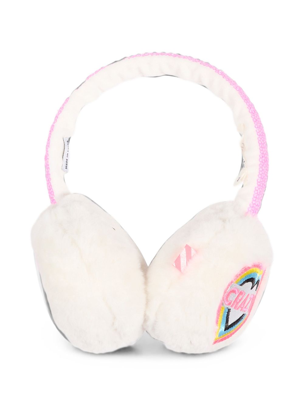 Fake fur earmuffs. Cuore ricamato badge con aspect metalic threads. Frame in plastic con paillettes. A righe woven label. U22495 121 BILLIE BLUSH KIDS