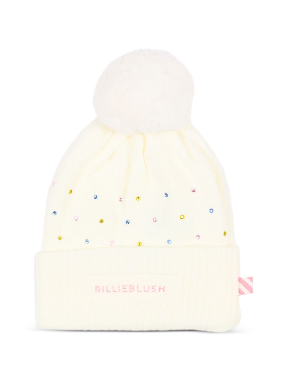 Beanie con multicolor strass. Eco-pelliccia pompom. Glitter brand. Double layer knit. A righe woven label on side. Composition : acrylic. Matched to snood u22518 e gloves u22541. U22499 121 BILLIE BLUSH KIDS