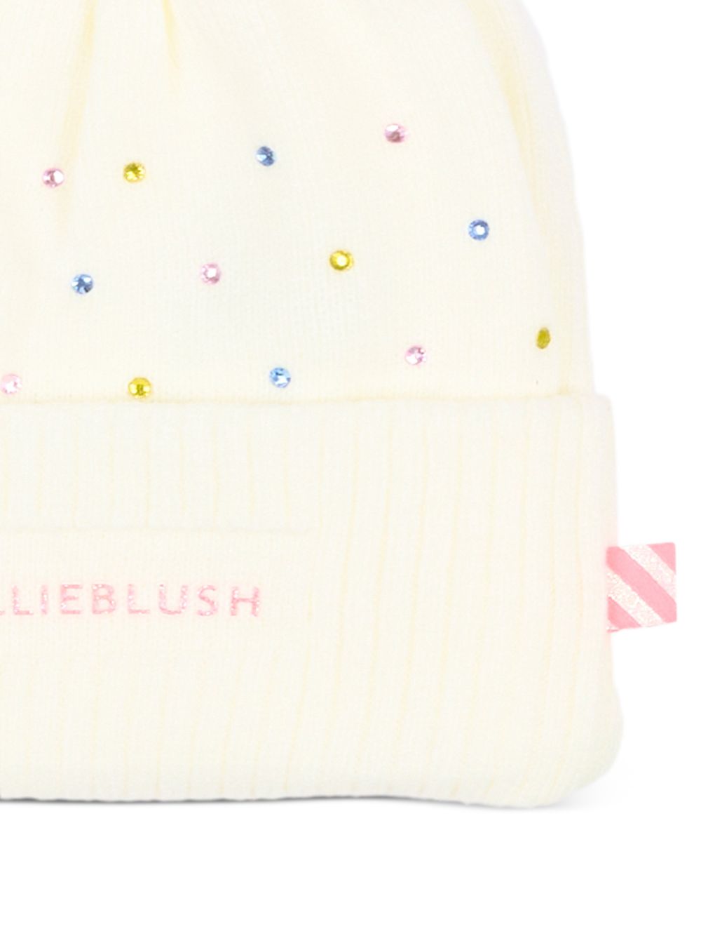Beanie con multicolor strass. Eco-pelliccia pompom. Glitter brand. Double layer knit. A righe woven label on side. Composition : acrylic. Matched to snood u22518 e gloves u22541. U22499 121 BILLIE BLUSH KIDS