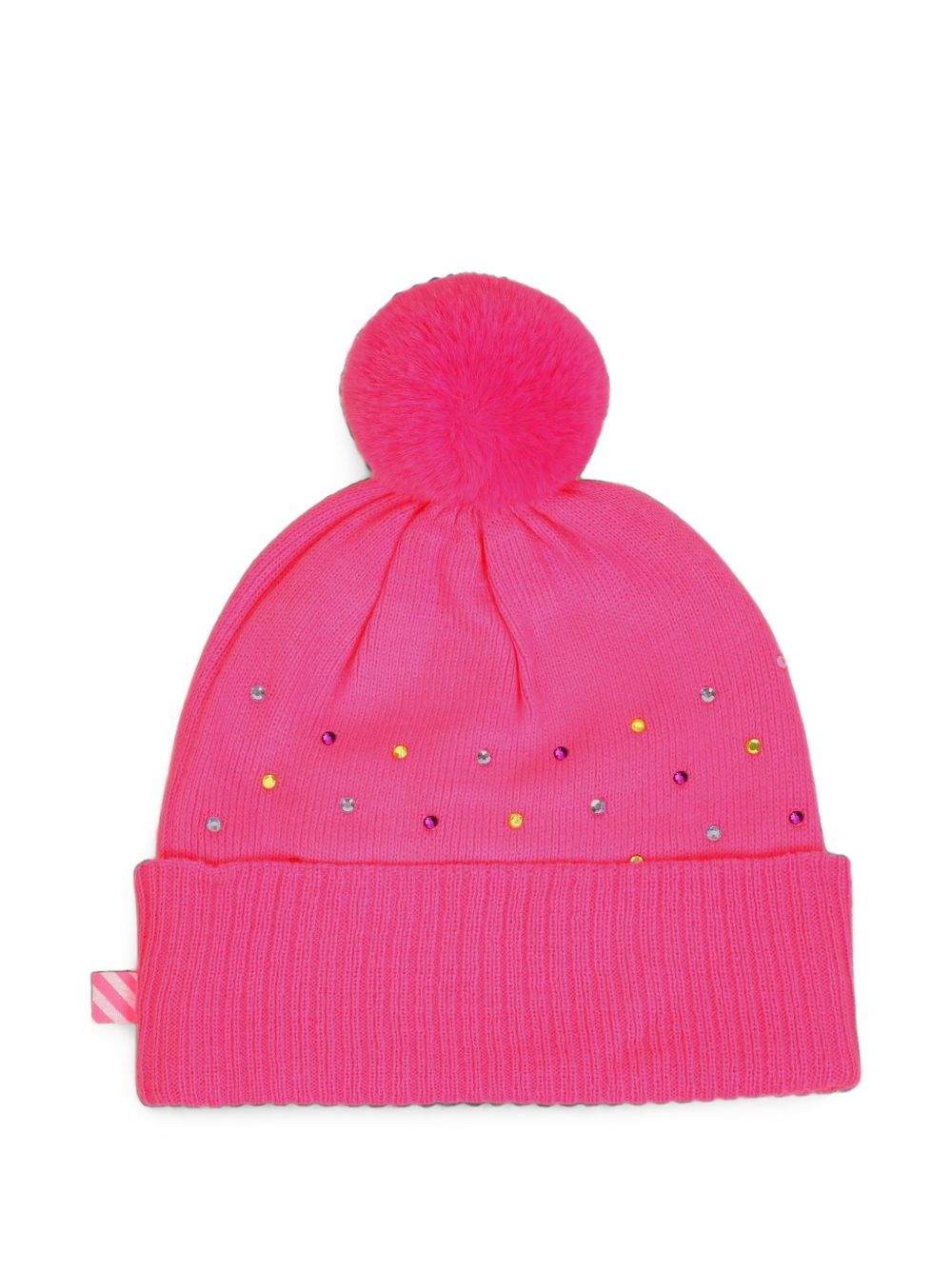 Beanie con multicolor strass. Eco-pelliccia pompom. Glitter brand. Double layer knit. A righe woven label on side. Composition : acrylic. Matched to snood u22518 e gloves u22541. U22499 47A BILLIE BLUSH KIDS