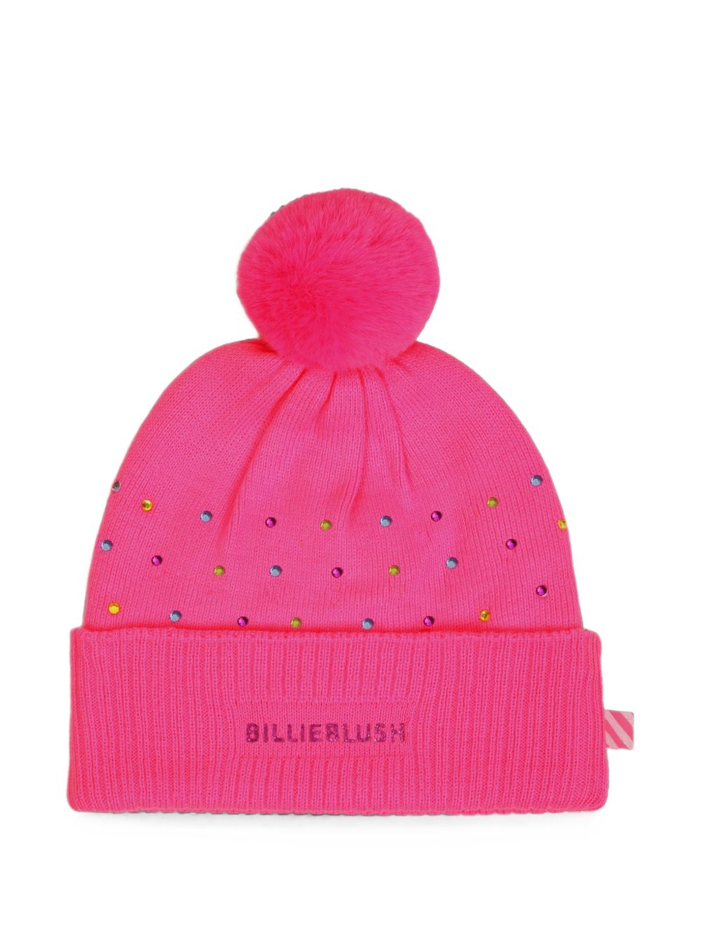 Beanie con multicolor strass. Eco-pelliccia pompom. Glitter brand. Double layer knit. A righe woven label on side. Composition : acrylic. Matched to snood u22518 e gloves u22541. U22499 47A BILLIE BLUSH KIDS