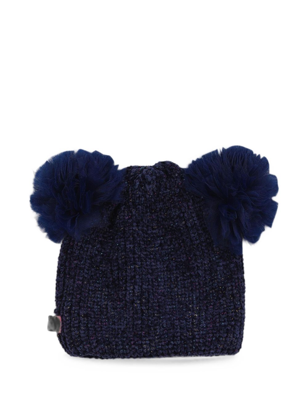 Beanie con mesh double pompoms. Double layer knit, fantasia thread "chenille" e metal aspect threads. Ricamo e glitter badge. A righe woven label on side. Composition : polyester. U22504 85T BILLIE BLUSH KIDS