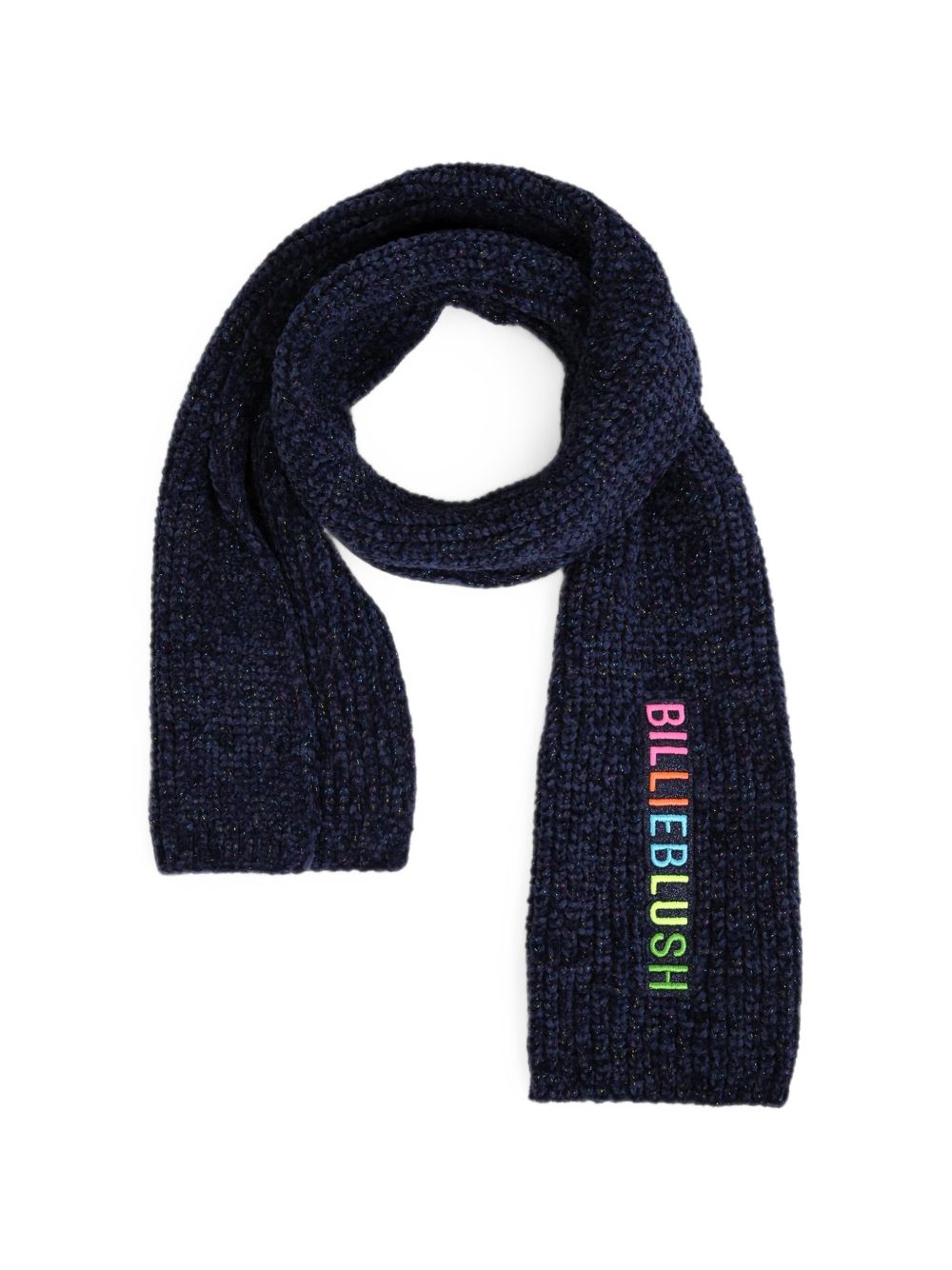 Scarf, knit fantasia thread "chenille" e metal aspect threads. Ricamo e glitter badge. A righe woven label on side. Composition : polyester. T1=110x18 t2=130x19 t3=150x20 cm. U22519 85T BILLIE BLUSH KIDS