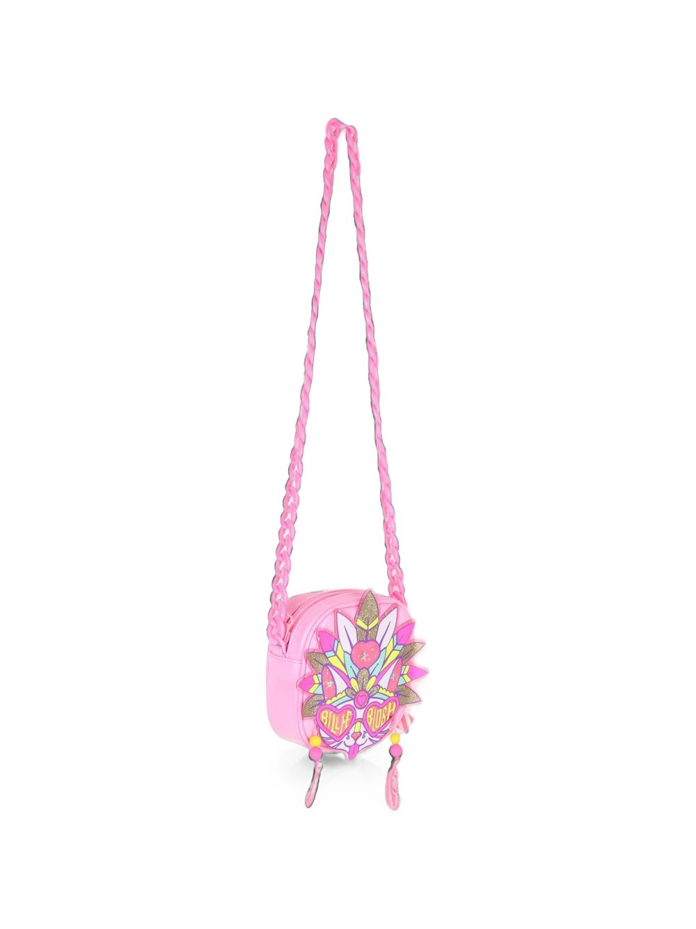 Cat handbag. Lucido simili. Glitter e neon illustrazione. Charms e beads gum effect. Gum plastic chain spalla strap. Chiusura con zip. A righe woven label. Matched to small backpack u22535. Dimensions : 12x12x4 cm. U22520 462 BILLIE BLUSH KIDS