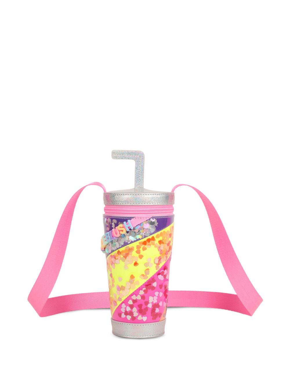 Milkshake handbag. Iridescent simili. Letters beads. Rainbow illustrazione con multicolor confettis under clear material. Webbing spalla strap. Chiusura con zip. A righe woven label. Matched to small backpack u22533. Dimensions : 17,5x8,5 cm. U22523 111 BILLIE BLUSH KIDS