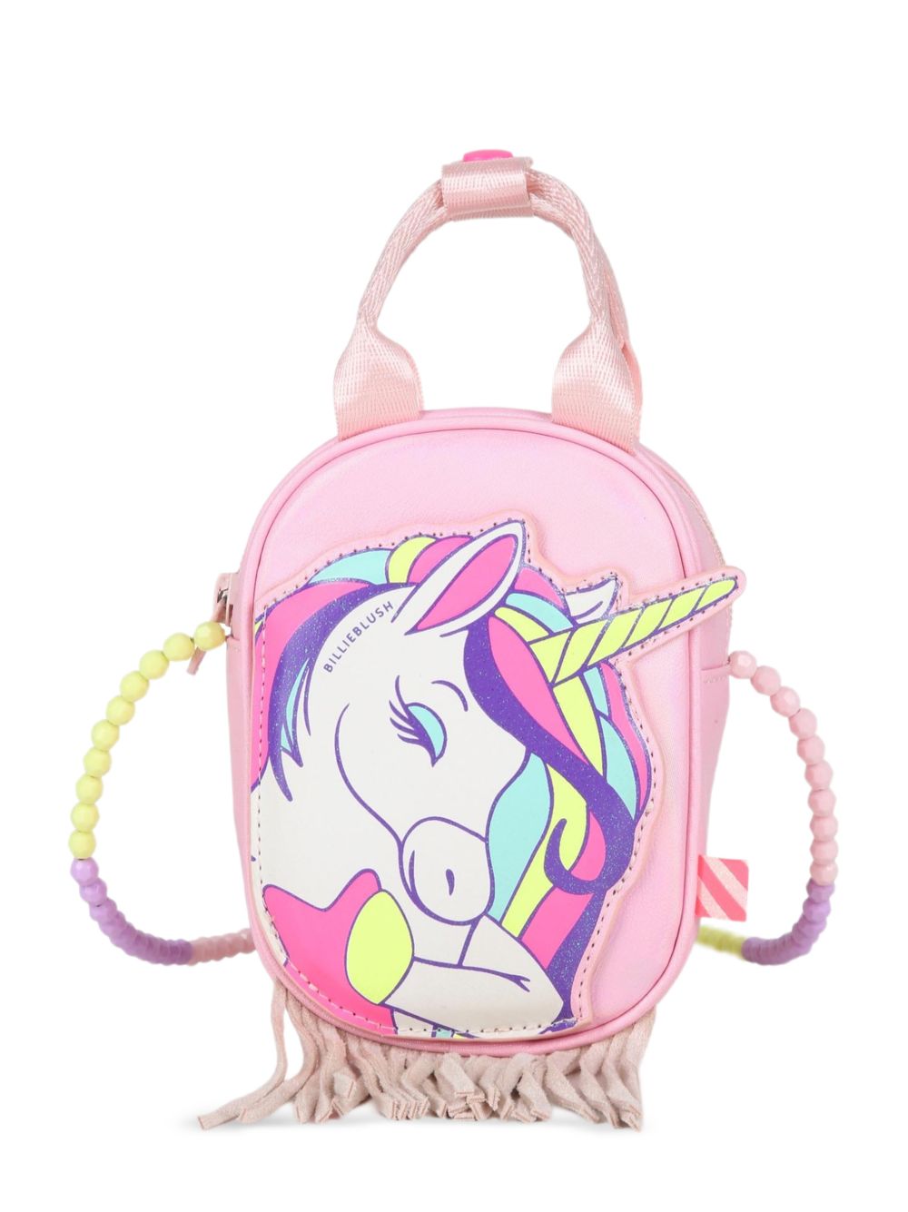 Unicorn handbag. Iridescent pinkish simili. Glow nel dark unicorn illustrazione, puff effect. Small handles con snap. Fringes sul fondo. Facets beads spalla strap. Chiusura con zip. A righe woven label. Dimensions : 15x10,5x5 cm. U22526 467 BILLIE BLUSH KIDS