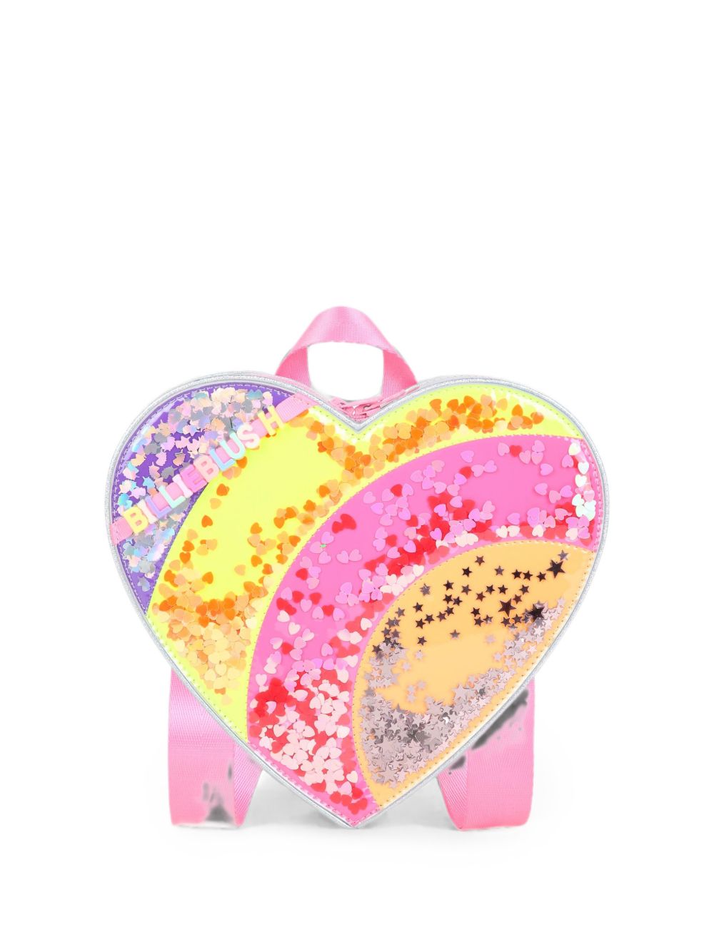 Cuore small backpack. Iridescent simili. Letters beads. Rainbow illustrazione con multicolor confettis under clear material. Regolabile spalla straps. Chiusura con zip. A righe woven label. Matched to handbag u22523. Dimensions : 22x24x6 cm. U22533 111 BILLIE BLUSH KIDS
