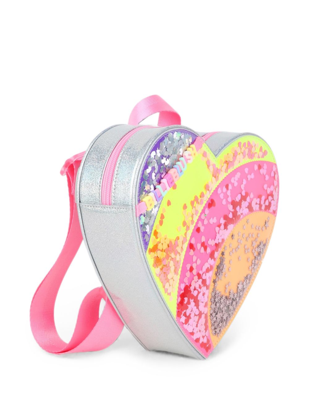 Cuore small backpack. Iridescent simili. Letters beads. Rainbow illustrazione con multicolor confettis under clear material. Regolabile spalla straps. Chiusura con zip. A righe woven label. Matched to handbag u22523. Dimensions : 22x24x6 cm. U22533 111 BILLIE BLUSH KIDS