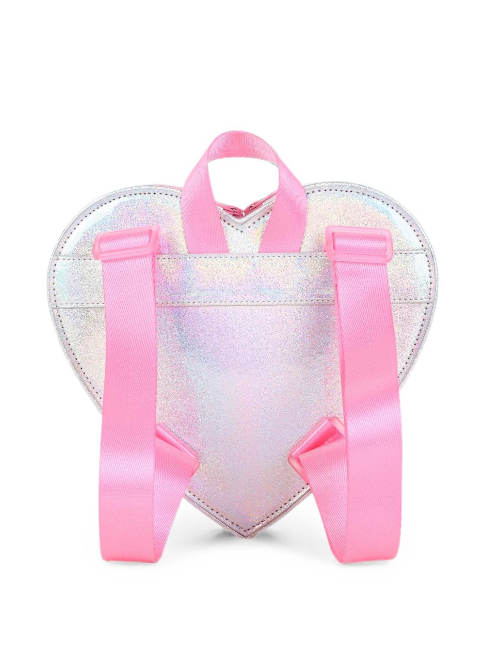 Cuore small backpack. Iridescent simili. Letters beads. Rainbow illustrazione con multicolor confettis under clear material. Regolabile spalla straps. Chiusura con zip. A righe woven label. Matched to handbag u22523. Dimensions : 22x24x6 cm. U22533 111 BILLIE BLUSH KIDS