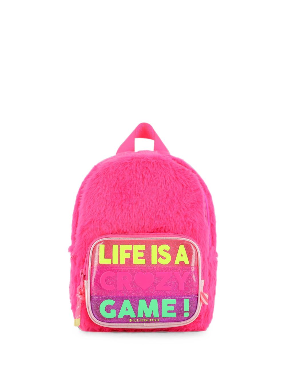Small backpack. Eco-pelliccia e glitter clear material. Letters illustrations con gum effect. Regolabile spalla straps. Chiusura con zip, cord pullers con colored finishing. A righe woven label. Dimensions : 24x17x10 cm. U22534 47A BILLIE BLUSH KIDS