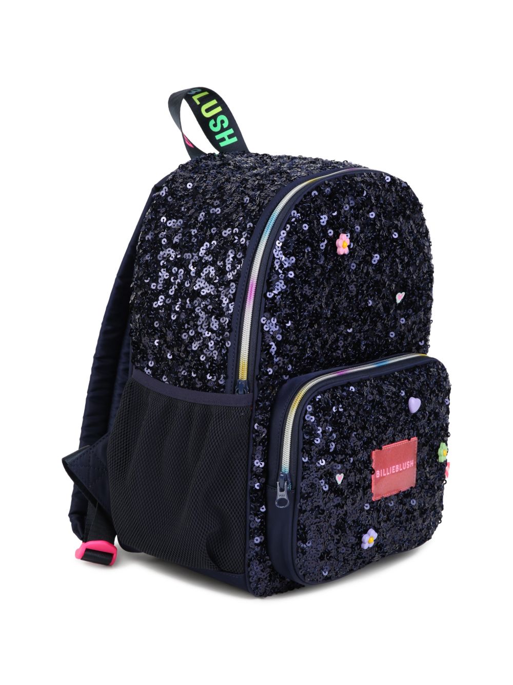 School backpack. Lucido paillettes e polyester twill. Fantasia charms sul davanti. Billieblush neon badge. Printed handle. Padded retro e spalla straps, for better comfort. Mesh tasche on sides. Multicolor chiusura con zip. A righe woven label. Match U22537 85T BILLIE BLUSH KIDS