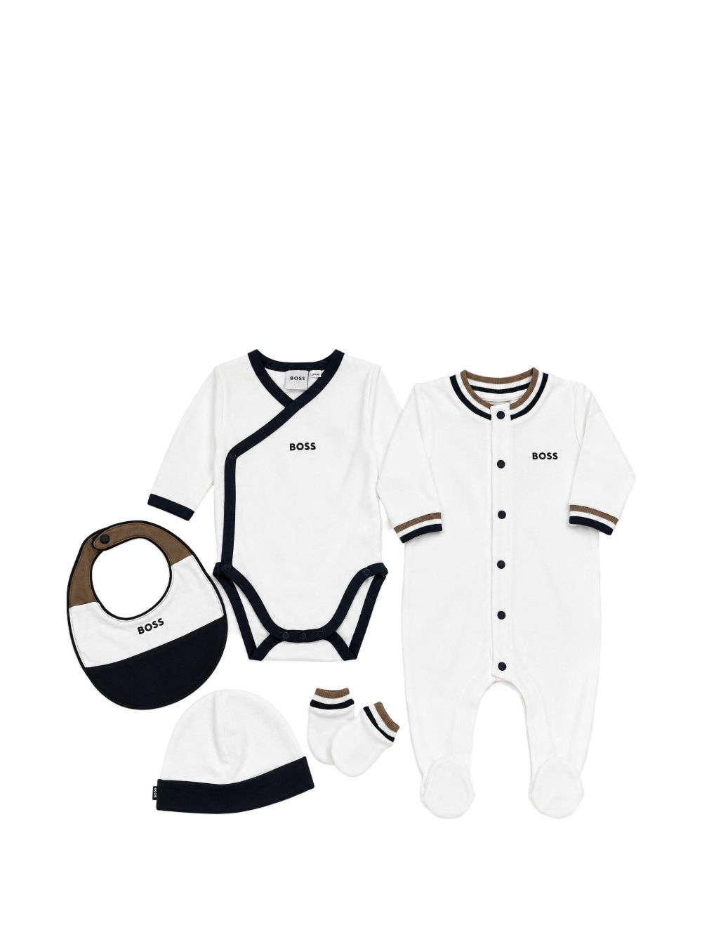 Newborn set. Pyjamas in 100% organic cotton interlock, a righe ribbing al collar e polsini, press-stud chiusura sul davanti, boss logo printed sul chest. Mittens in 100% cotton interlock, a righe ribbing. Plain hat con a contrasto reverse, woven logo J53293 10P BOSS KIDSWEAR