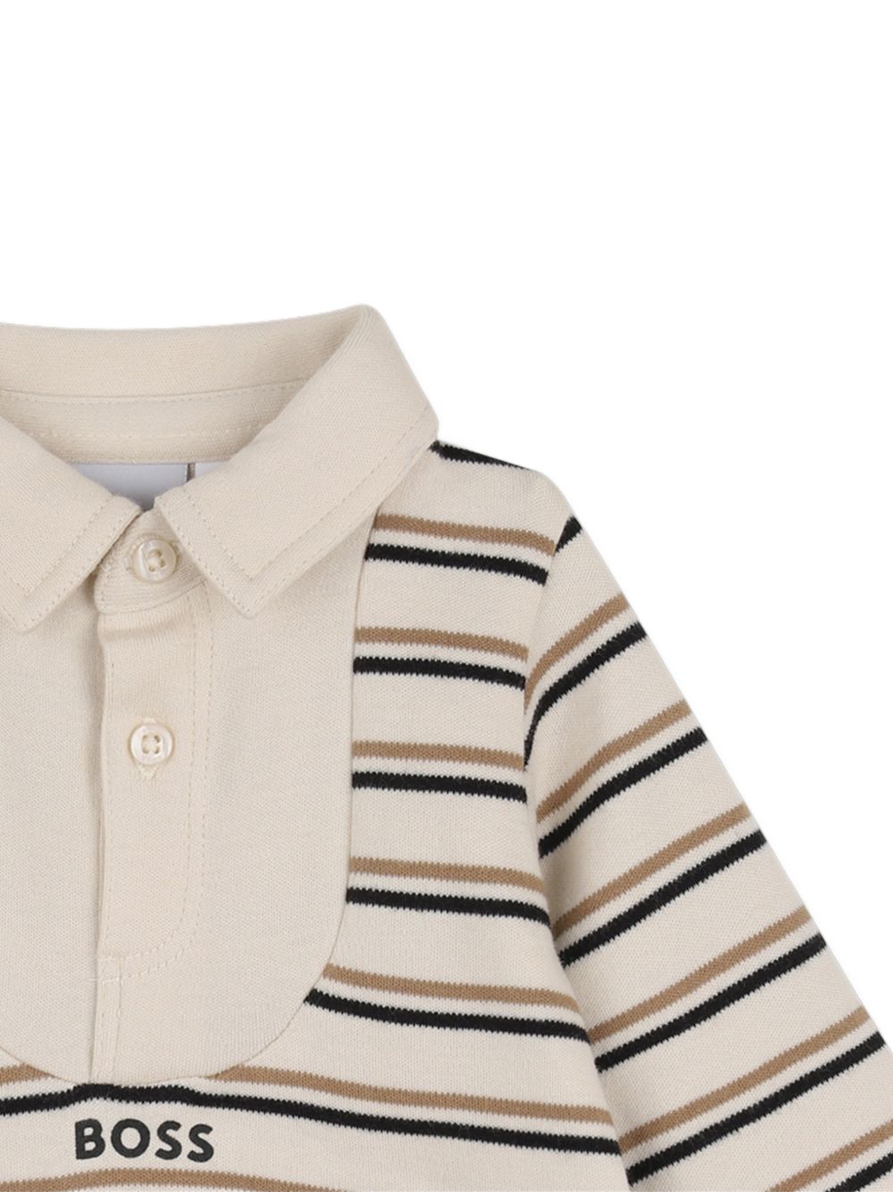 Long-sleeved jumpsuit in 100% organic cotton interlock, woven stripe sul top, decorative polo collar con chiusura con bottoni, plain fondo con false side tasche, elastico ankles, woven label con logo sul side, boss logo printed sul chest, snap openin J53299 21K BOSS KIDSWEAR