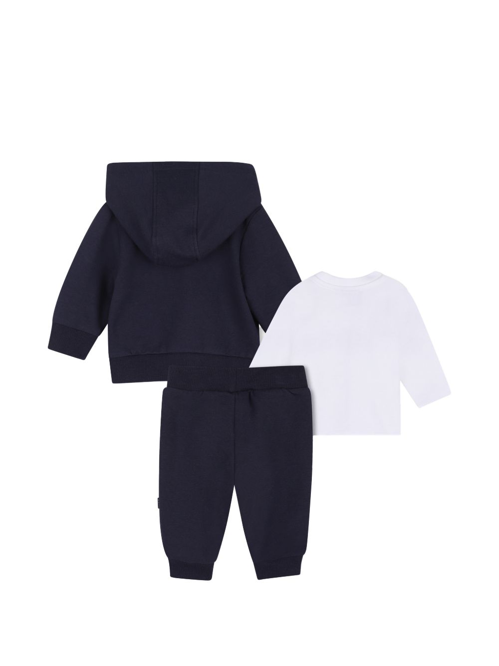 Cardigan, pantaloni e t-shirt set. Cardigan e pantaloni in brushed organic cotton e elastane fleece, elastico collar, hem, vita, polsini e ankles, con cappuccio cardigan con zip chiusura, rounded piped cutout sul chest, boss logo printed sul chest, w J53307 849 BOSS KIDSWEAR