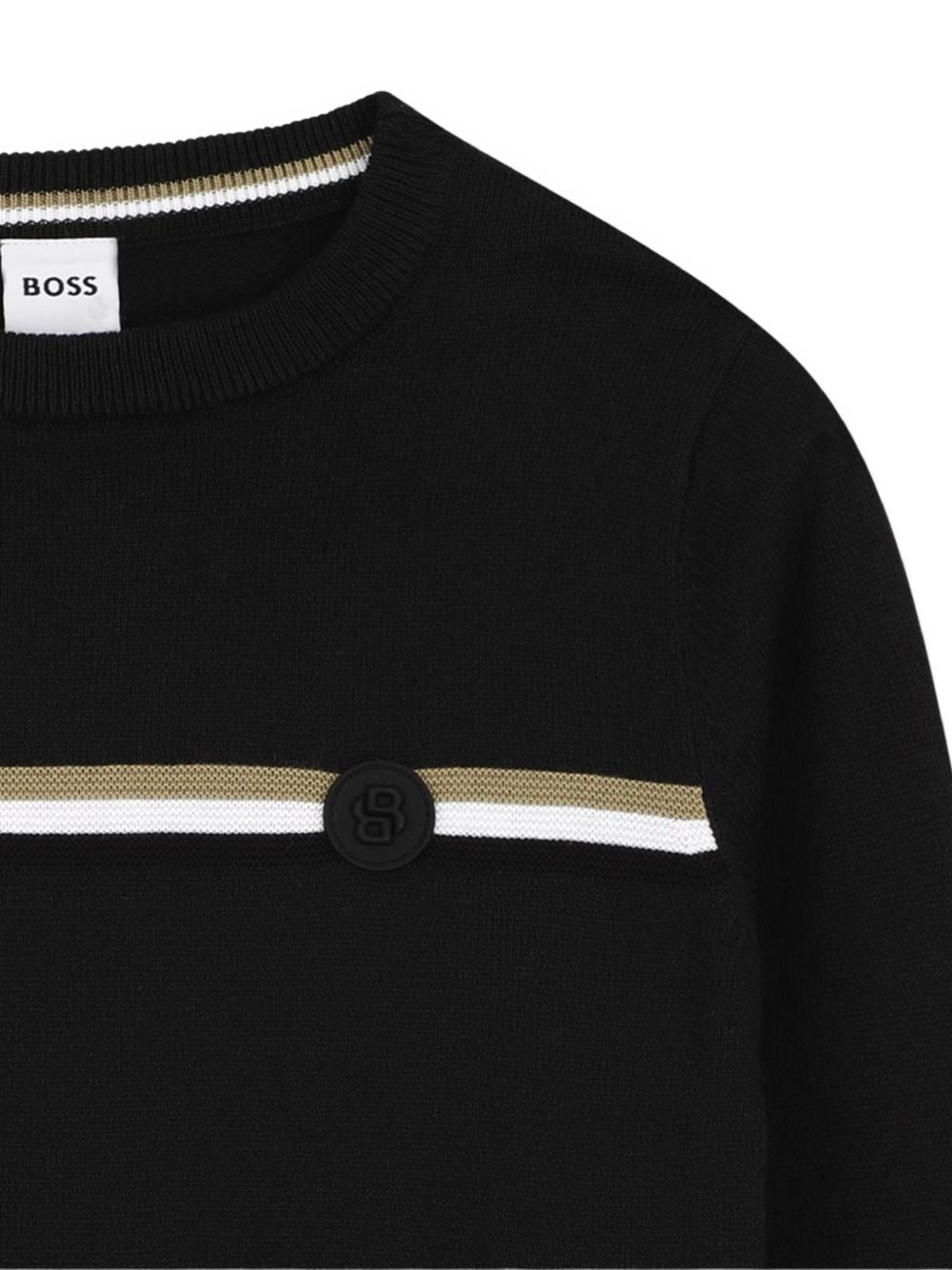 Round-neck knit felpa con three iconic jacquard stripes. Double b badge nel middle of iconic stripe. Raiser boss. J53389 09B BOSS KIDSWEAR