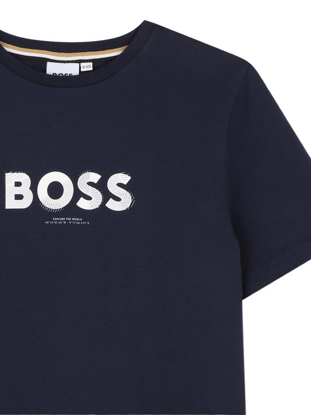 Short-sleeved cotton jersey t-shirt. Reworked boss logo centered on chest. J53404 849 BOSS KIDSWEAR