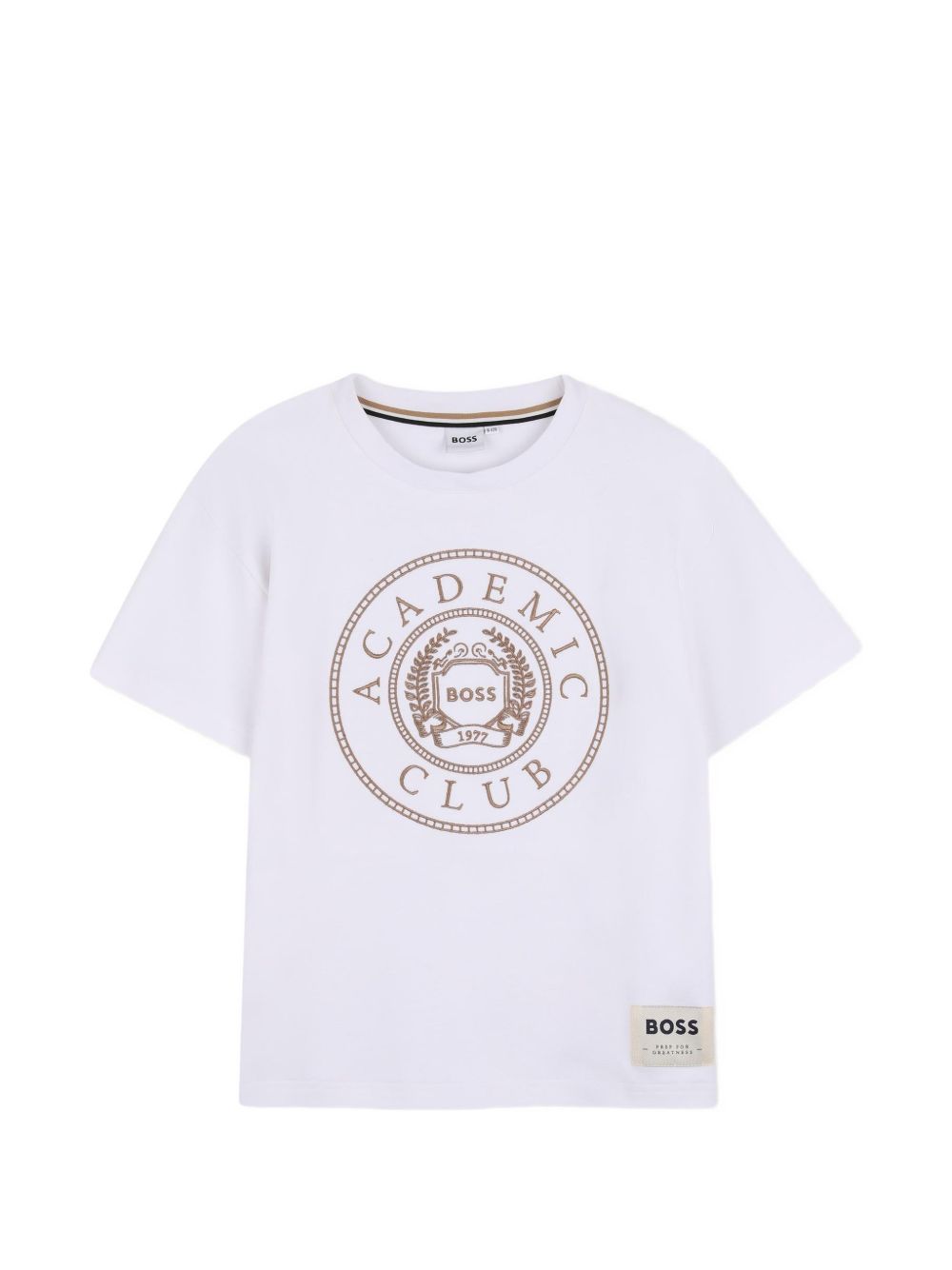 Retro to school - short-sleeved interlock tee con ricamo centered on chest. Woven label on fondo left. Vestibilità morbida. J53411 10P BOSS KIDSWEAR