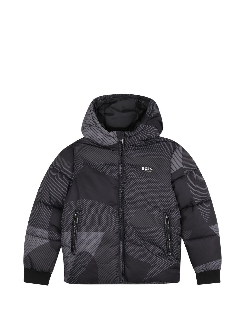 Polyester con cappuccio jacket. Chiusura con zip. Zip tasche/ boss logo sul chest in iconic colors. Full polyester fodera. J53441 09B BOSS KIDSWEAR