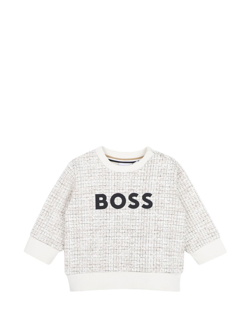 Fleece sweatshirt con iconic check pattern. Round neck e chiusura con bottoni automatici al spalla. Large boss logo centered sul chest. J53496 120 BOSS KIDSWEAR