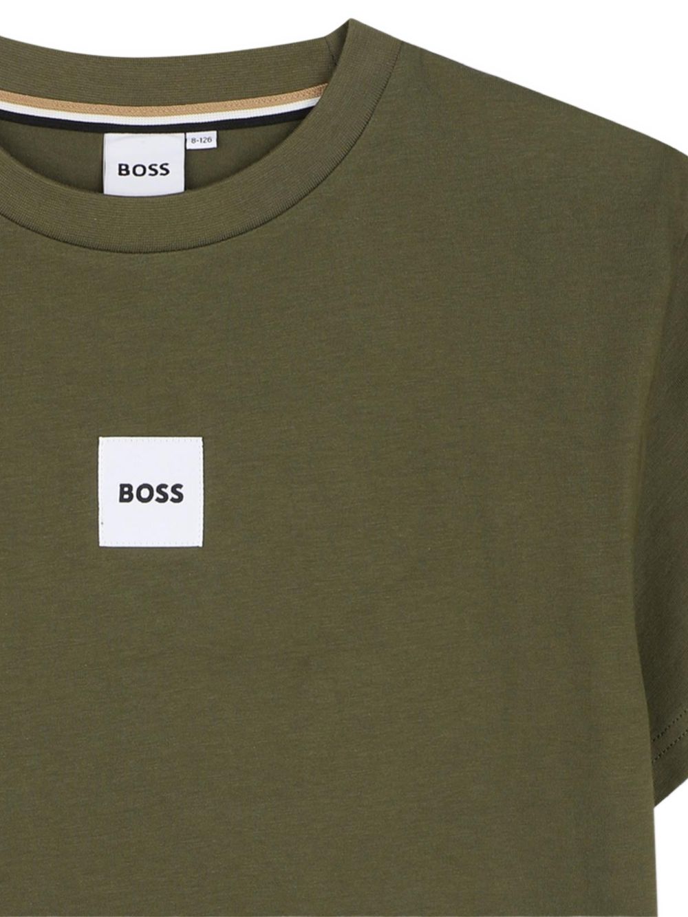 Short-sleeved jersey t-shirt, cotton. Woven label centered sul chest. Vestibilità morbida. J53604 63D BOSS KIDSWEAR