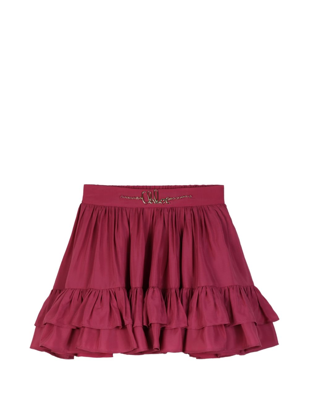 Ruffled gonna in silk e viscose crepe, elastico cintura sul retro embellished con handwritting chloe metal logo chain on davanti. C21257 48U CHLOE KIDS
