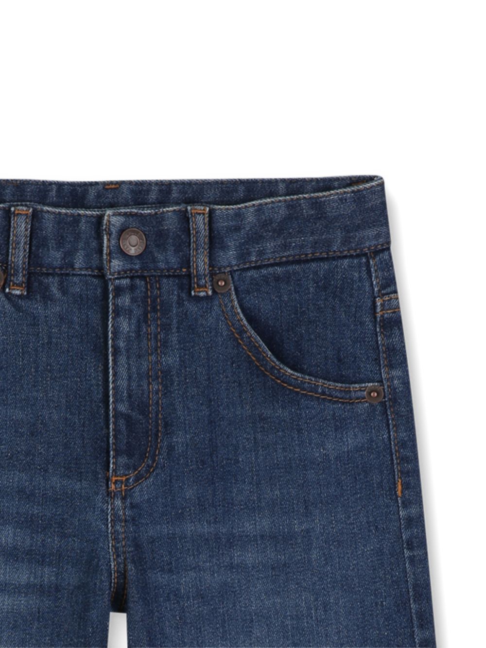 Five-tasche pantaloni in denim, containing cotton from organic farming, chloe label in cow leather, vegetal tanning, on retro, vita regolabile con inside elastico band. C21269 Z10 CHLOE KIDS