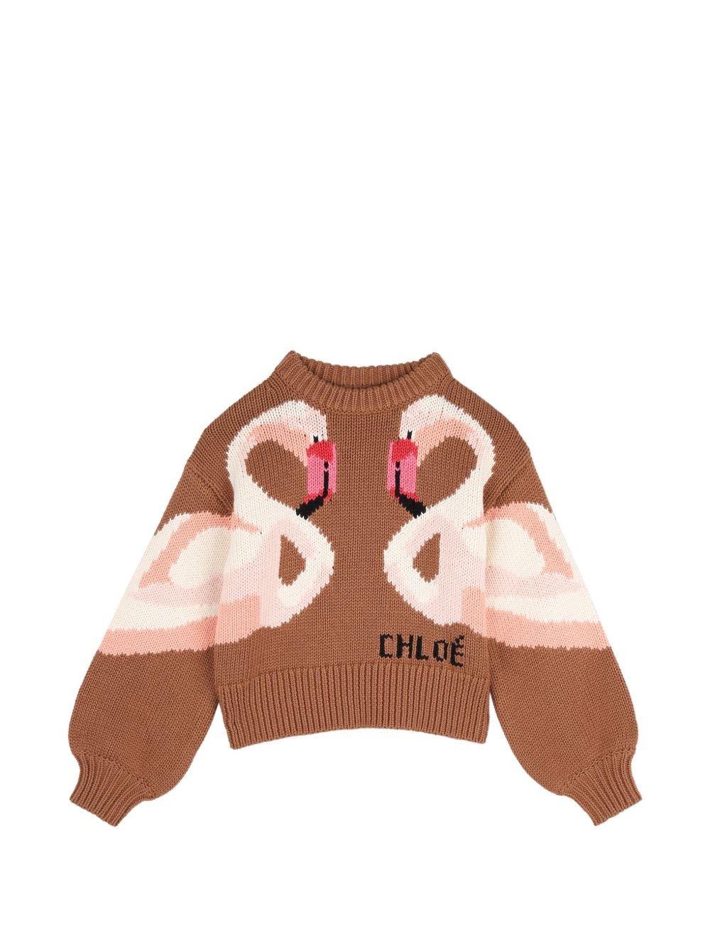 In maglia felpa, 90% containing cotton from organic farming e 10% wool, flamingo illustrazione e chloe logo in jacquard. C21294 31F CHLOE KIDS