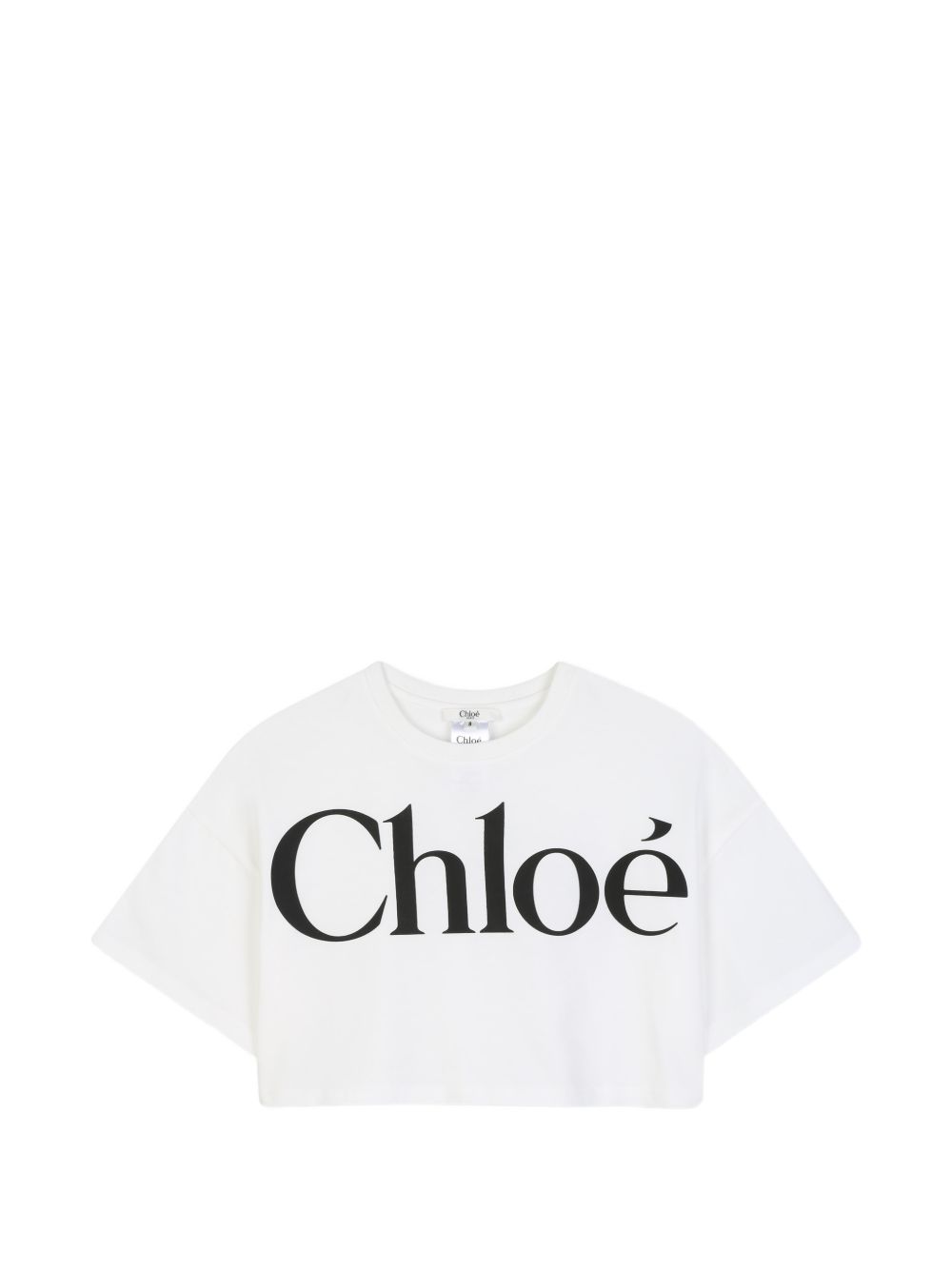 Jersey cropped t-shirt containing cotton from organic farming, chloé logo printed on davanti. Mini-me from womenswear. C21305 117 CHLOE KIDS