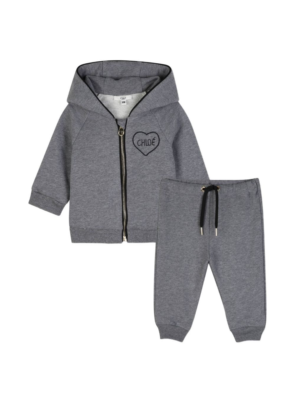 Tracksuit set, in marled cotone garzato, containing cotton from organic farming. Con cappuccio cardigan : zipped chiusura, chloe ricamo a cuore on davanti. Pantaloni : drawstrings at vita, chloe branded metal ends, chloe ricamo a cuore sul retro. C21347 A46 CHLOE KIDS