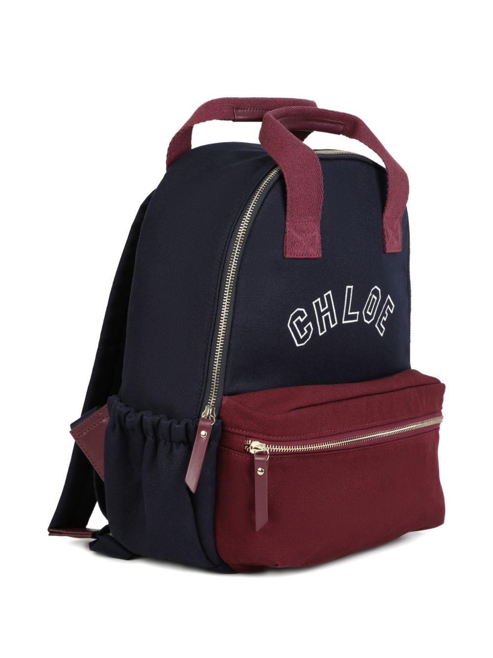 Canvas backpack, containing, cotton from organic farming, con grosgrain handles, chloé logo embroidred on davanti, twill fodera containing cotton from organic farming. Pieces, branded zip pullers e inside label in goat leather. Dimensions: w28xh36xd C21390 859 CHLOE KIDS