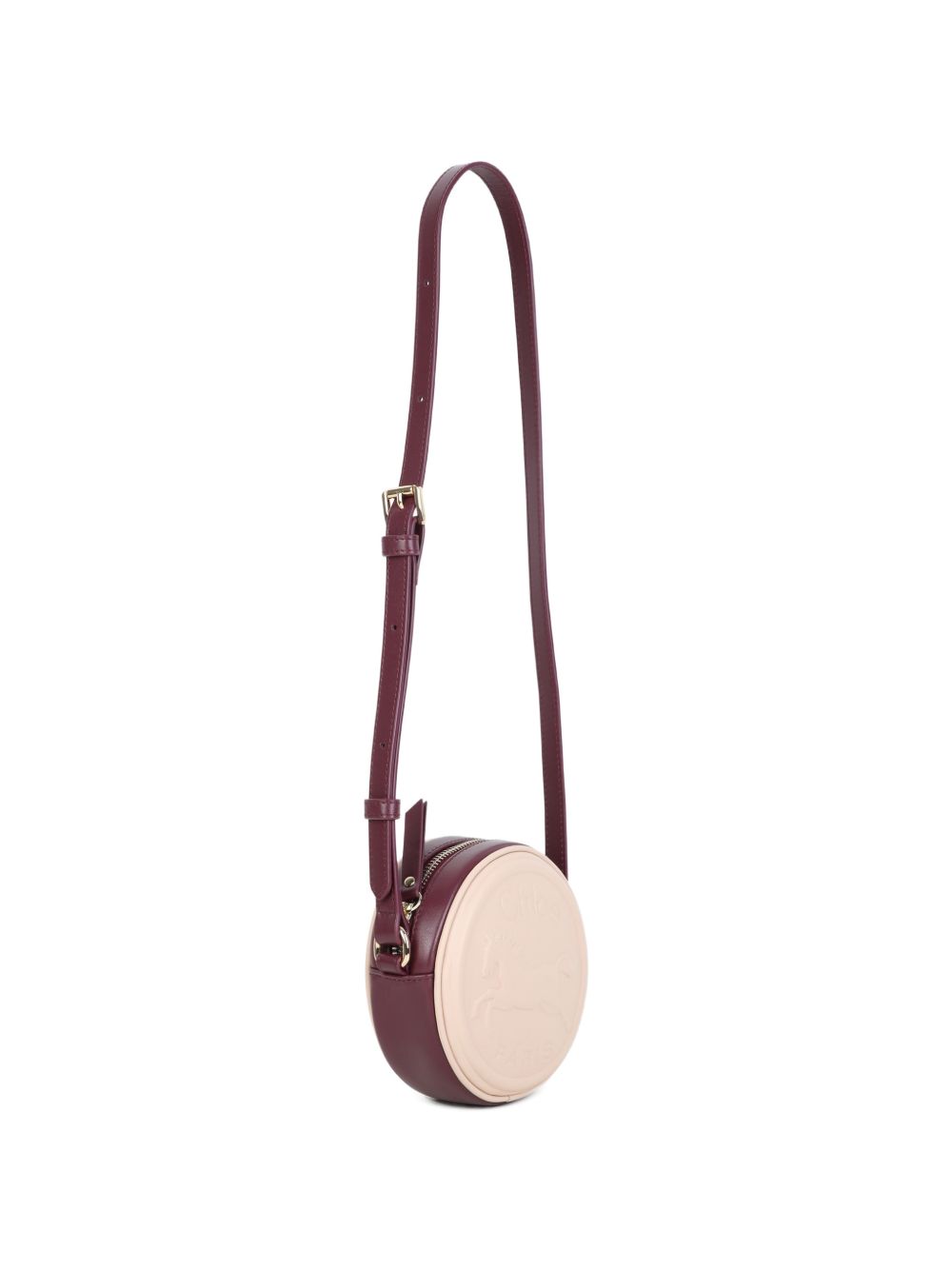 Rounded spalla bag, in goat leather, zipped chiusura, patch in goat leather (chrome tanning) con chloe horse embossed. Cotton twill fodera. Diameter: 13cm, depth : 5cm, strap length: 90cm. C21396 20E CHLOE KIDS