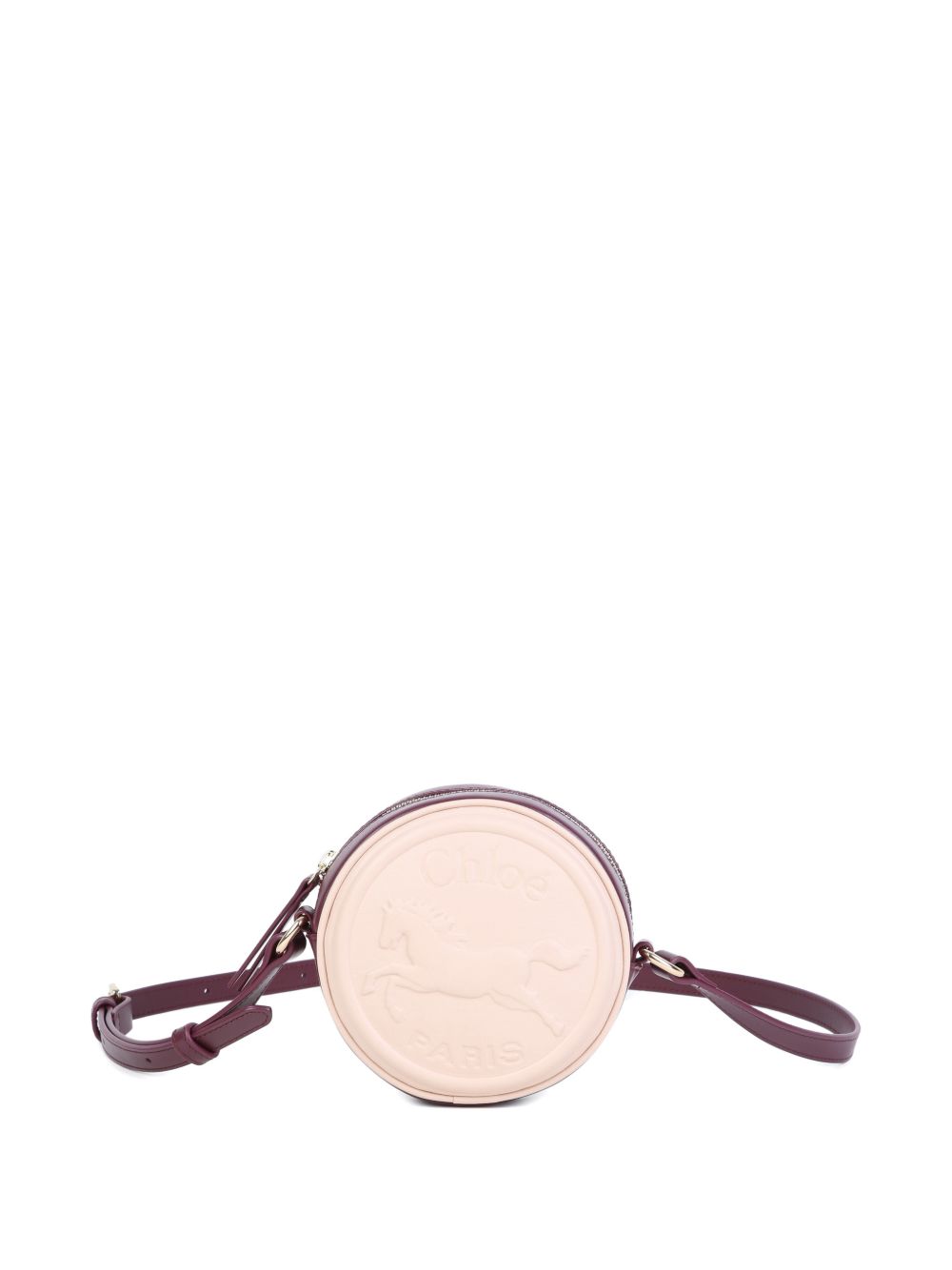 Rounded spalla bag, in goat leather, zipped chiusura, patch in goat leather (chrome tanning) con chloe horse embossed. Cotton twill fodera. Diameter: 13cm, depth : 5cm, strap length: 90cm. C21396 20E CHLOE KIDS