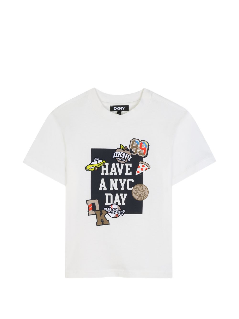 Maniche corte t-shirt in jersey 100% cotton from organic farming. Printed dkny illustrazione sul davanti con flocking detail. D62723 117 DKNY KIDS