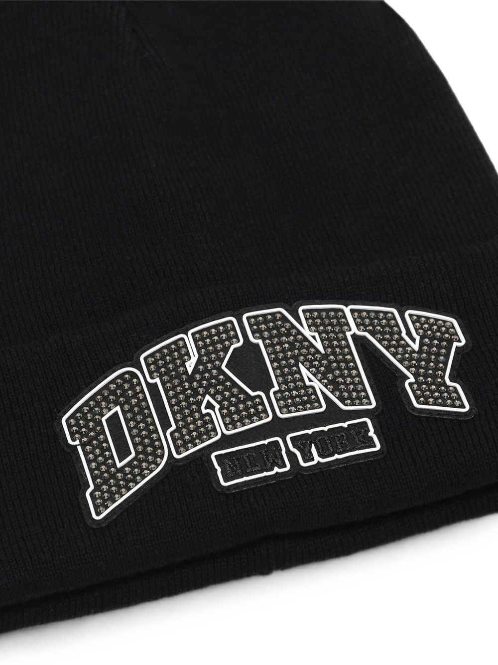 Knit cotton beanie con fantasia badge con strass e ricamo. Double layer. D62929 09B DKNY KIDS
