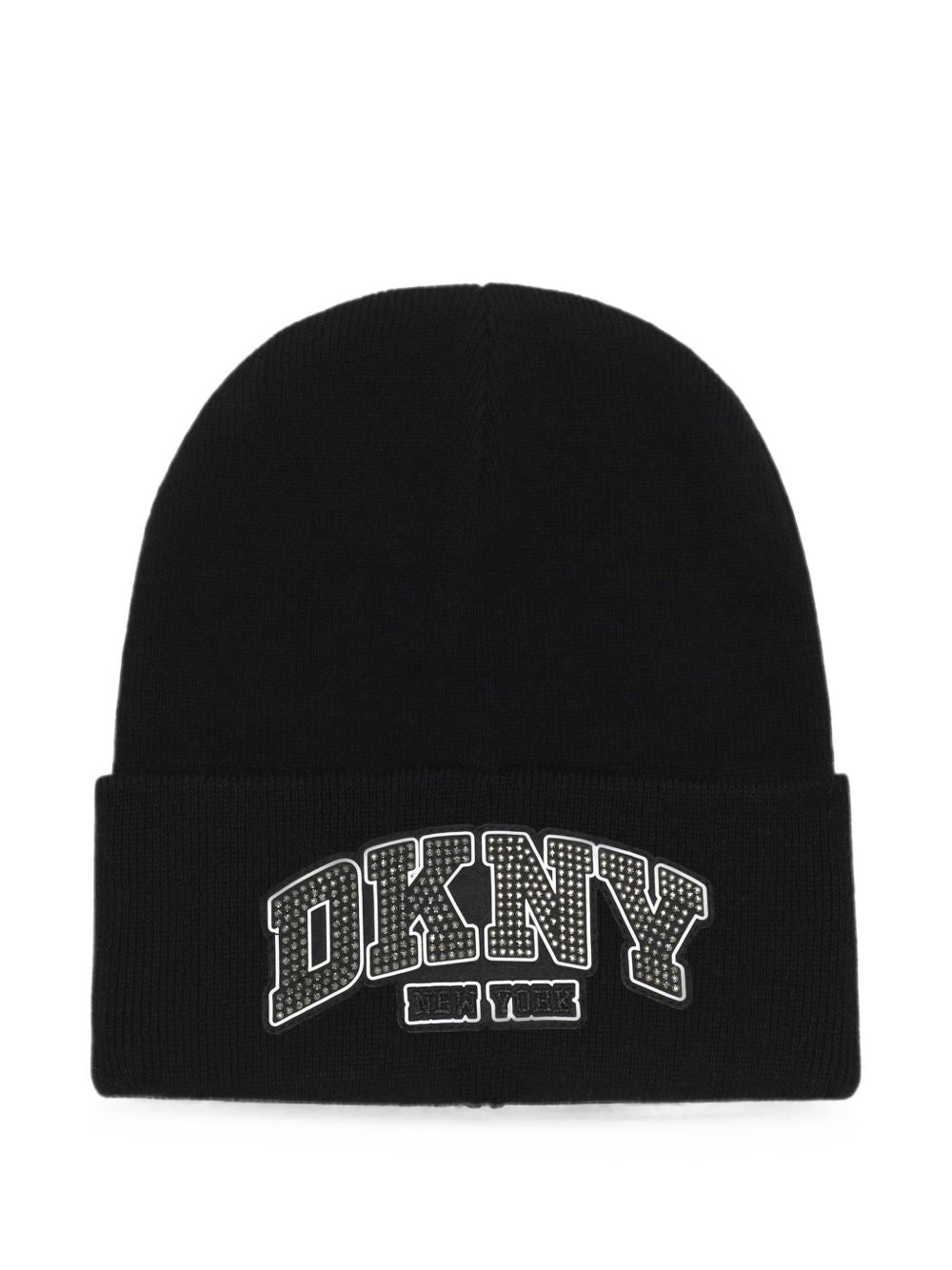 Knit cotton beanie con fantasia badge con strass e ricamo. Double layer. D62929 09B DKNY KIDS